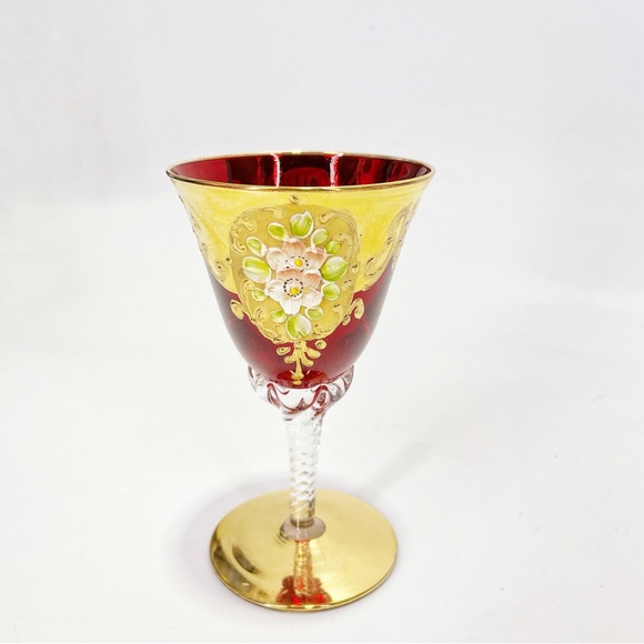 Vintage Tre Fuochi Murano Venetian Glass Aperitif 24k Gold Ruby Wine Cordial - Picture 1 of 4